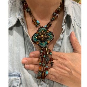Unique beaded turquoise and amber quatrefoil necklace